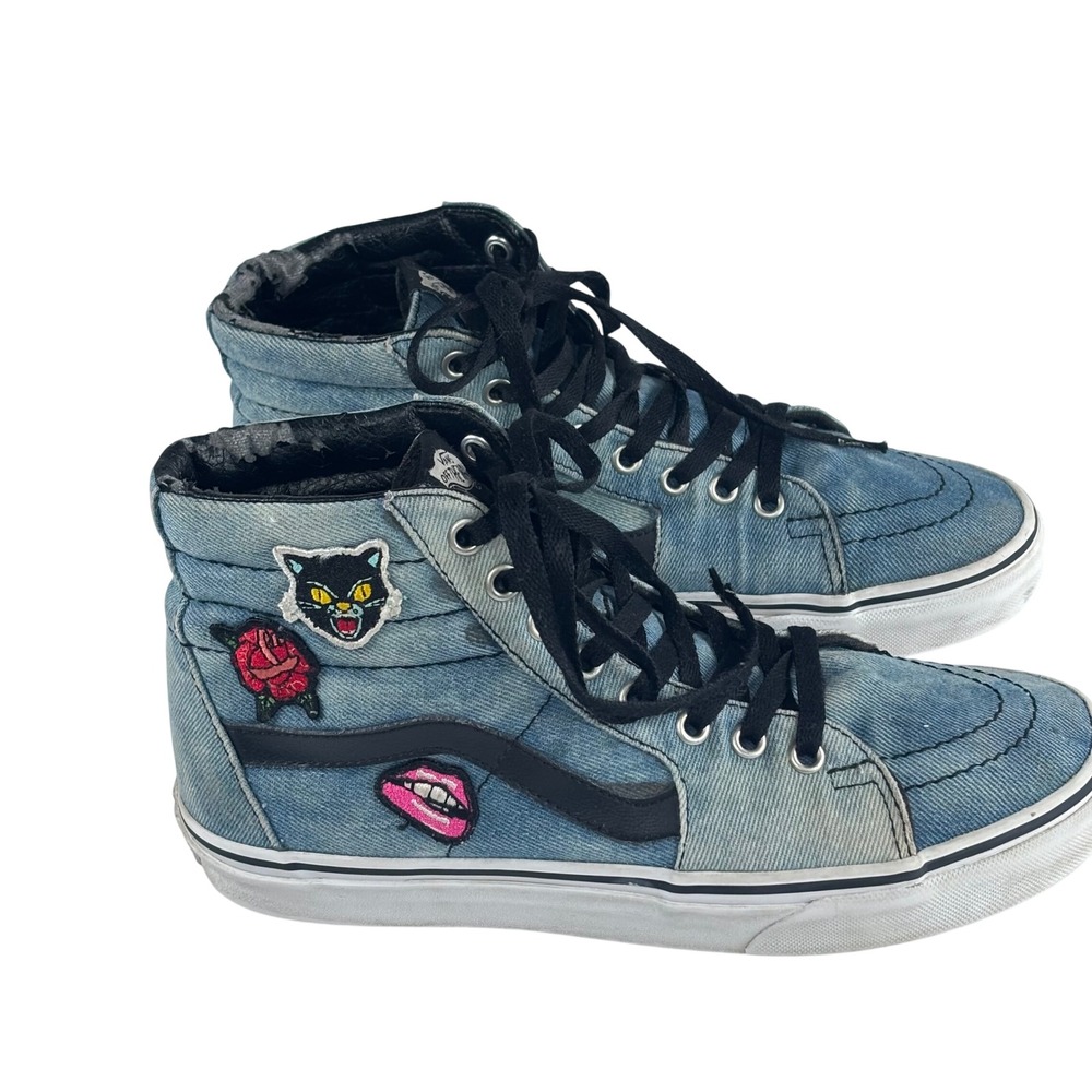 Vans Sk8-Hi Sneakers Womens 8.5 Blue Denim Patchwork High Top Shoe Skater Grunge